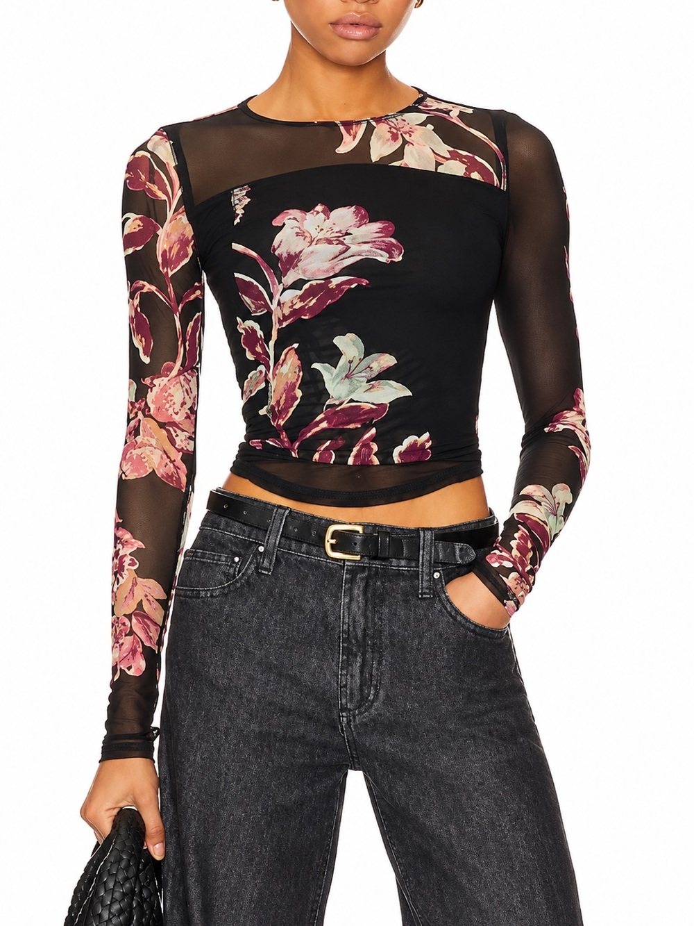Free People Betty’s Garden black floral mesh top, medium